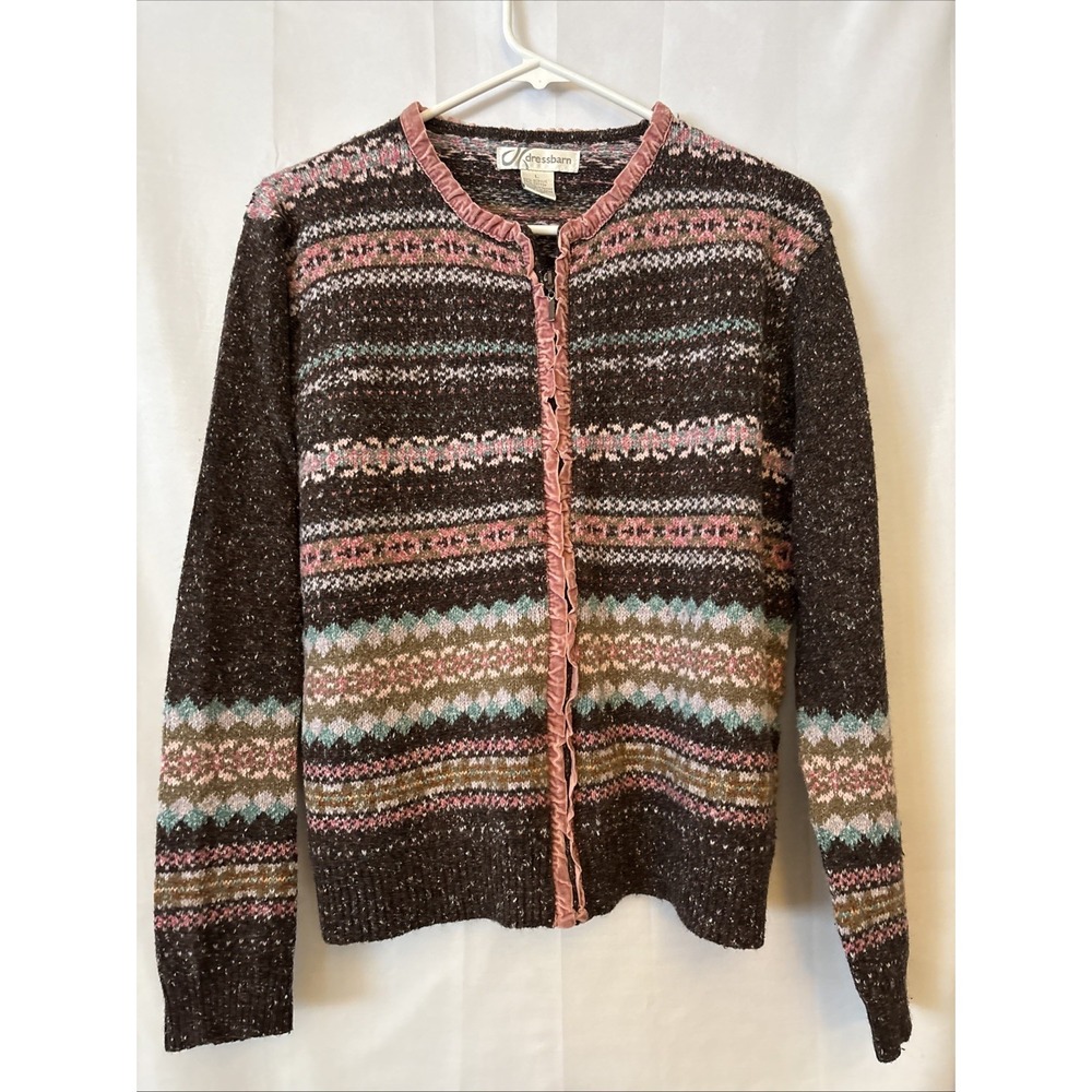 Vtg Fair Isle Pink Brown‎ Cardigan Sweater Ruffle Dress Barn Zip Grandmacore  L